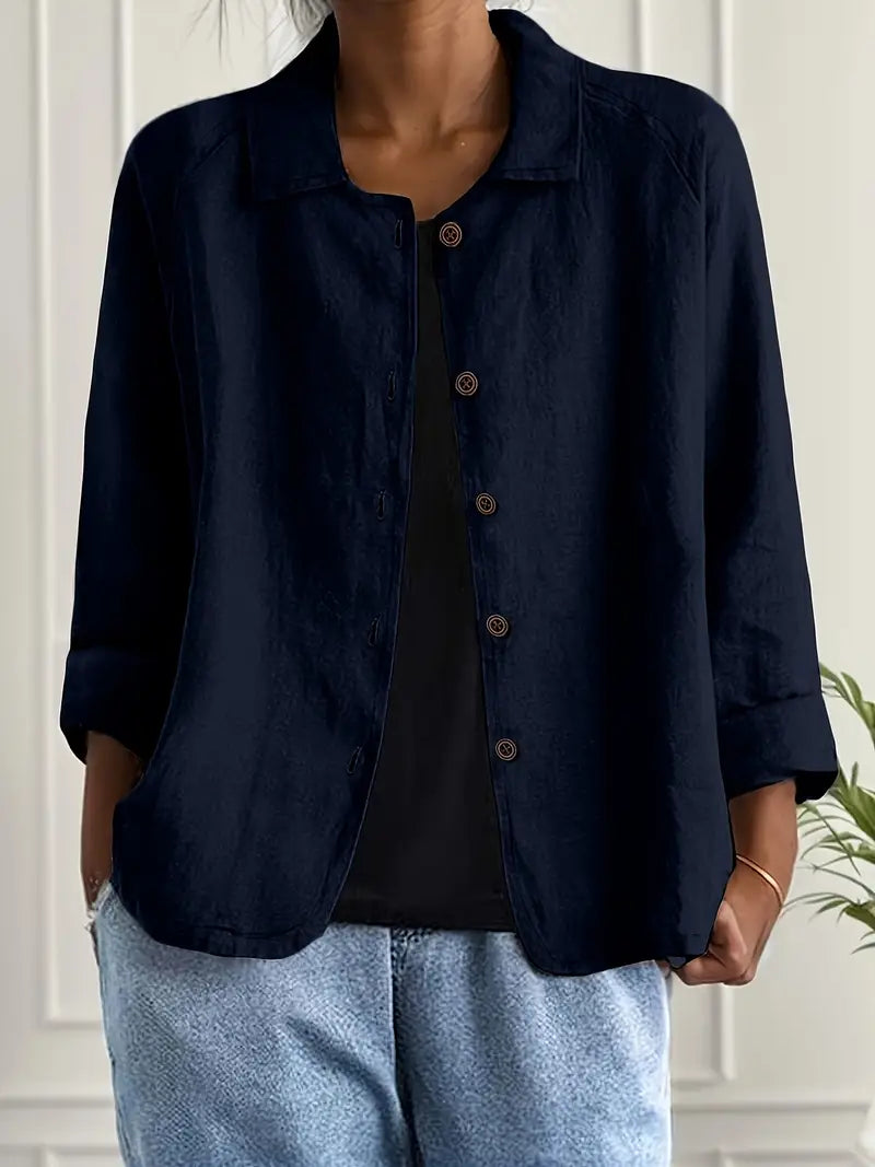Women’s lightweight casual jacket with button front from Christine Brewer Ella collection, shown in a neutral color.