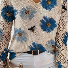 Whitney floral V-neck cardigan for women by Christine Brewer, featuring colorful floral patterns and a cozy knit design.