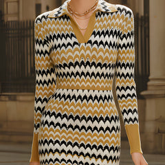 Christine Brewer retro chevron print polo-collar knit midi dress, perfect for summer business wear, featuring stylish pattern and classic design.