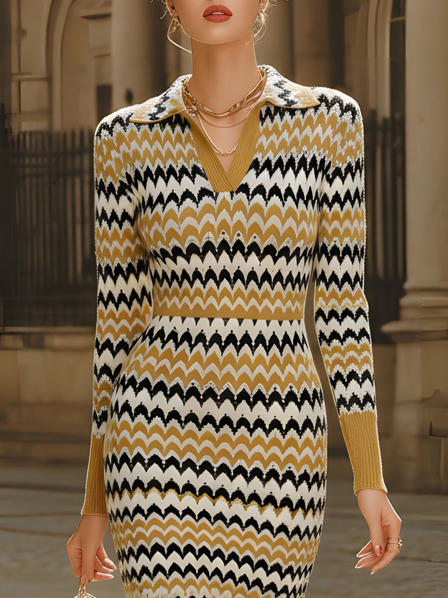 Christine Brewer retro chevron print polo-collar knit midi dress, perfect for summer business wear, featuring stylish pattern and classic design.
