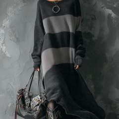 Christine Brewer retro round-neck contrast knitted midi dress, stylish occasion dress with a fitted silhouette and bold color blocks.