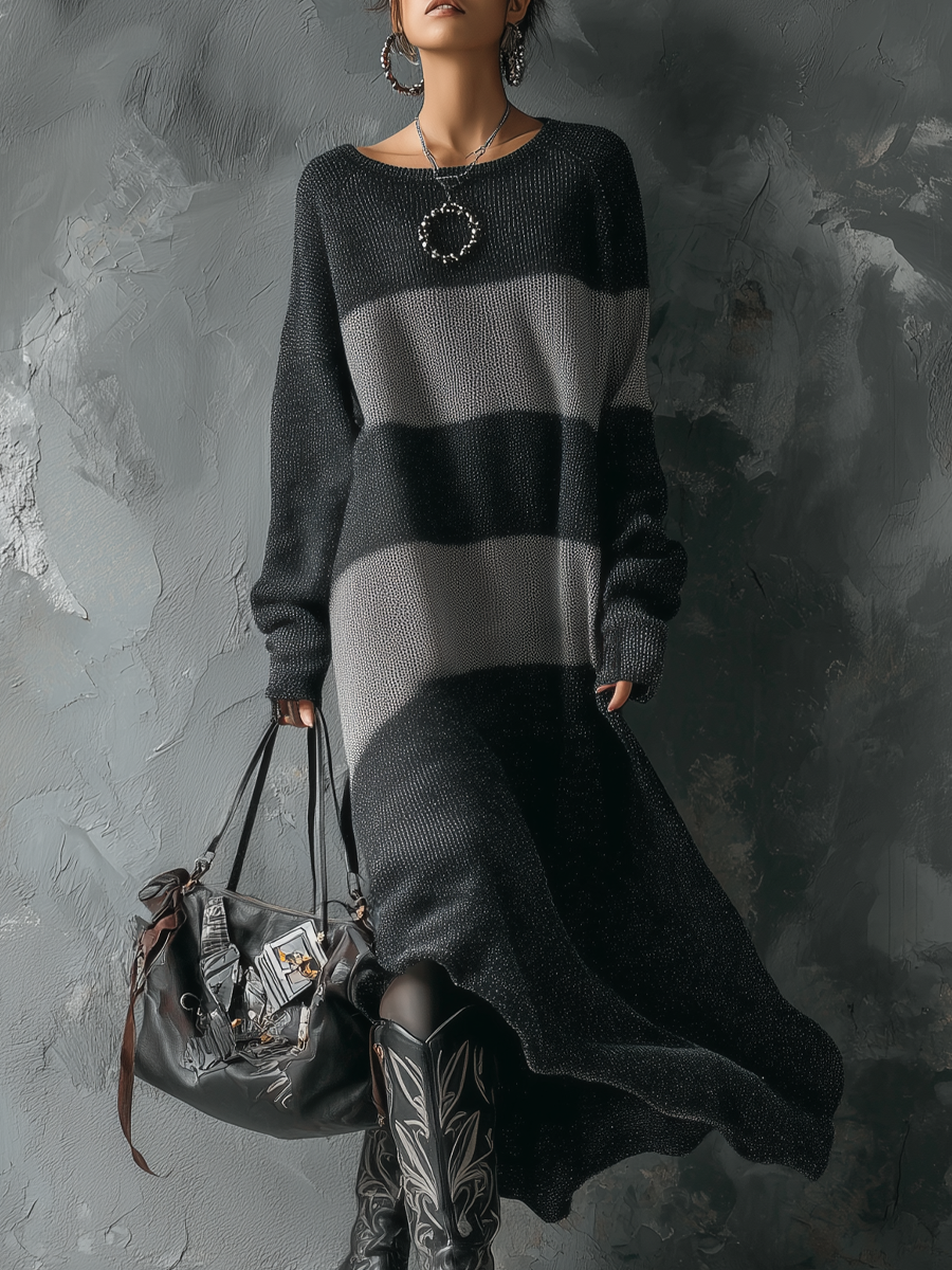 Christine Brewer retro round-neck contrast knitted midi dress, stylish occasion dress with a fitted silhouette and bold color blocks.