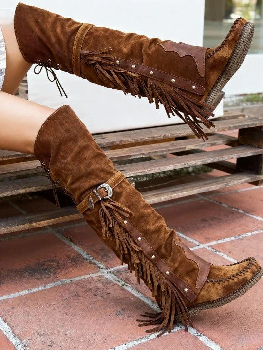 Amelia1 | Over The Knee Boots, Women, Suede, Fringe, Buckle Strap, Faux Fur, Slip On,