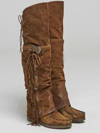 Amelia1 | Over The Knee Boots, Women, Suede, Fringe, Buckle Strap, Faux Fur, Slip On,