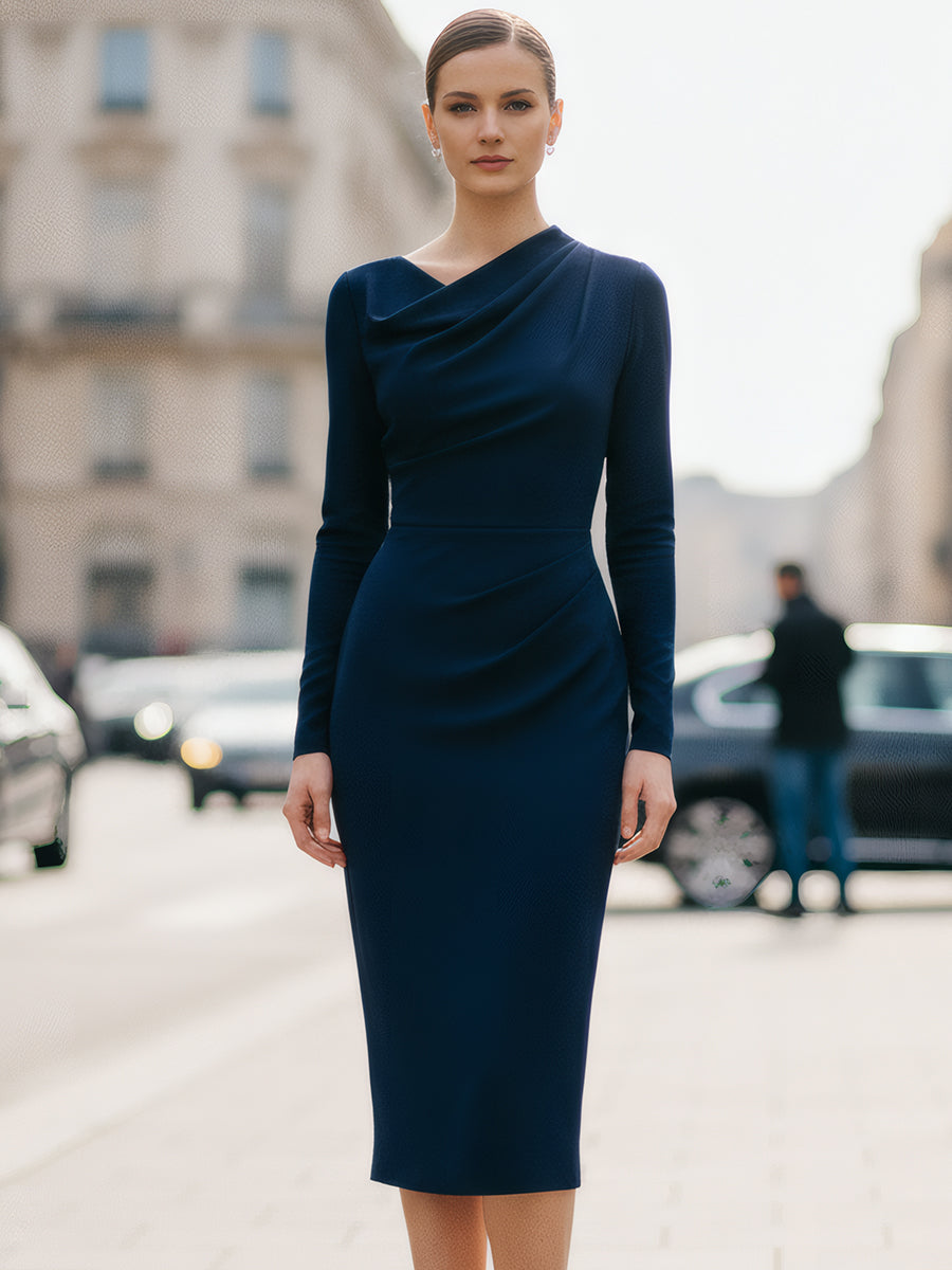 Navy draped long-sleeve midi dress by Christine Brewer, perfect for summer business occasions, shown on a model.