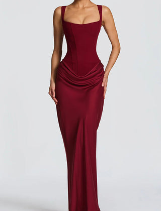 Summer maxi dress for women by Christine Brewer featuring a square neck, bodycon fit, and flowing fabric, perfect for warm weather.