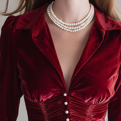Red velvet pleated ruffled long sleeve blouse by Christine Brewer, featuring elegant ruffles and a flattering fit.
