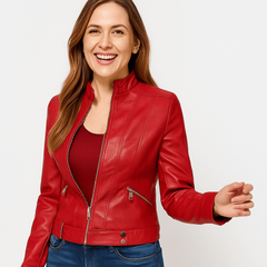 Slim-fit faux leather jacket for women from the Stella collection by Christine Brewer, shown in a sleek design.