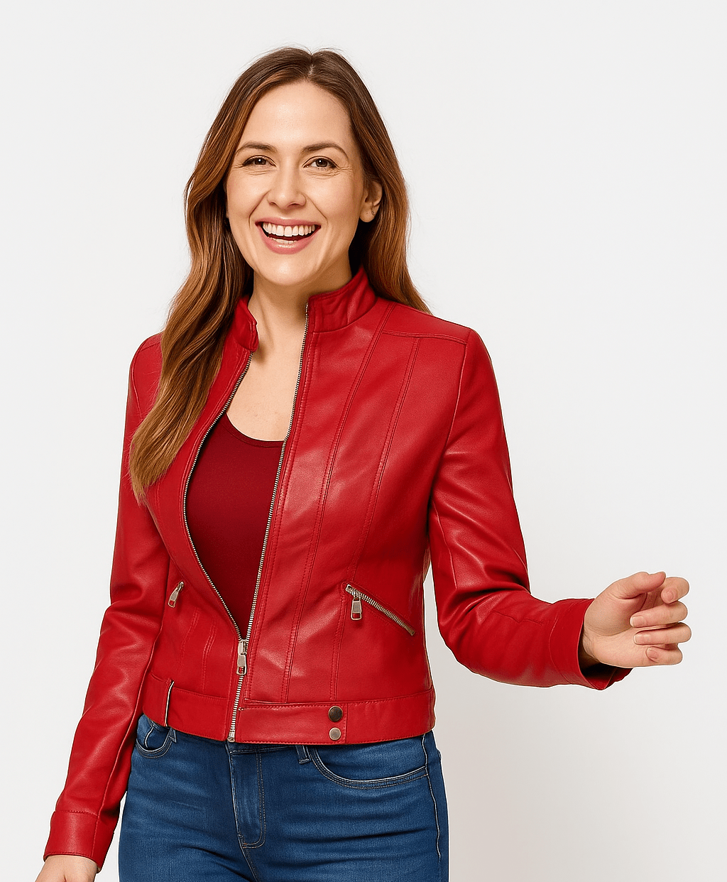 Slim-fit faux leather jacket for women from the Stella collection by Christine Brewer, shown in a sleek design.