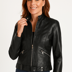 Slim-fit Stella faux leather jacket for women by Christine Brewer, shown in sleek black with stylish details.