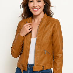 Slim-fit faux leather jacket for women by Christine Brewer, featuring a sleek design and modern style.