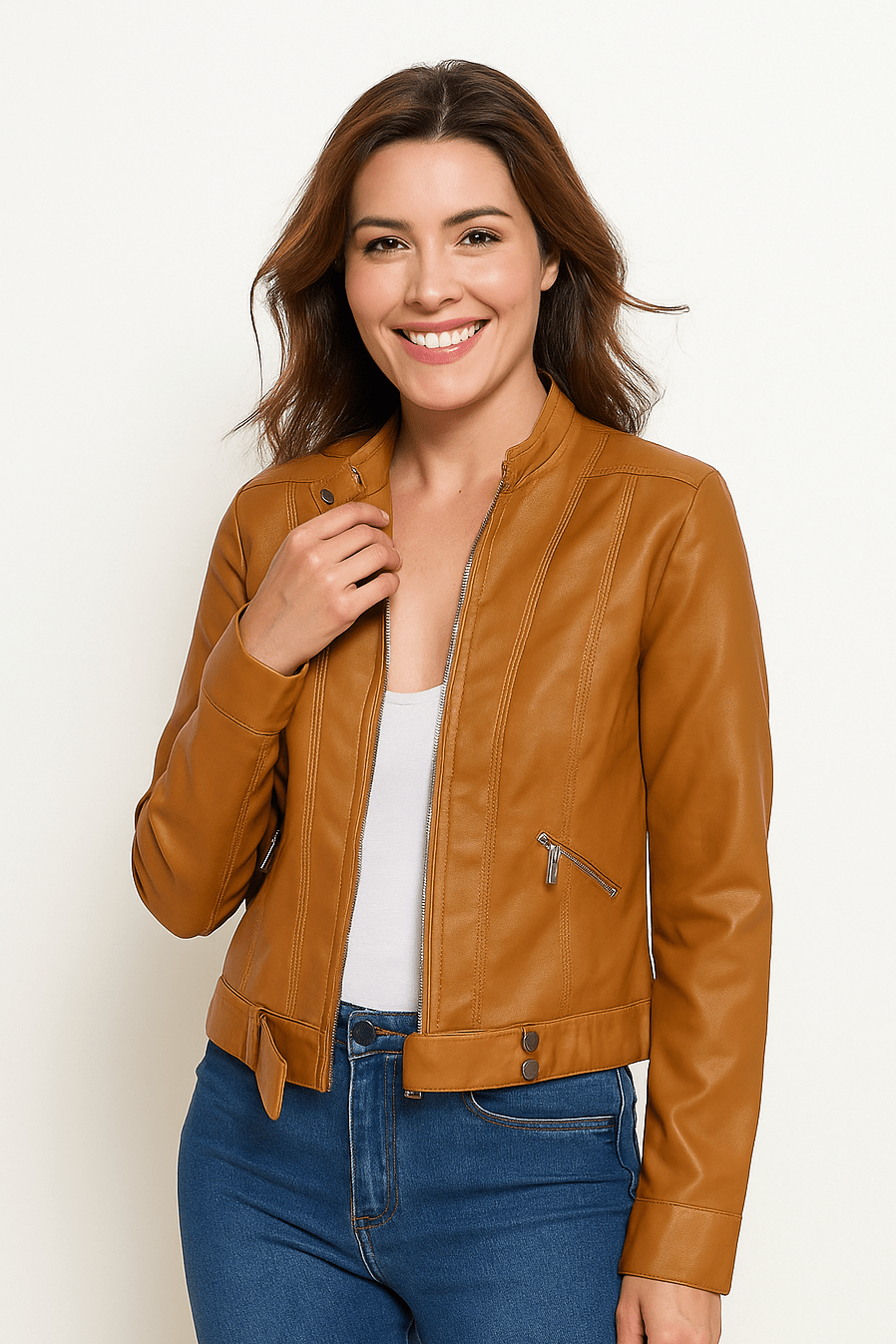 Slim-fit faux leather jacket for women by Christine Brewer, featuring a sleek design and modern style.