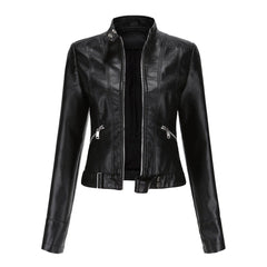 Slim-fit black faux leather jacket for women by Christine Brewer, featuring a sleek and stylish design.
