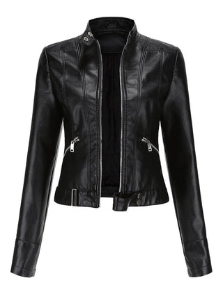 Slim-fit black faux leather jacket for women by Christine Brewer, featuring a sleek and stylish design.
