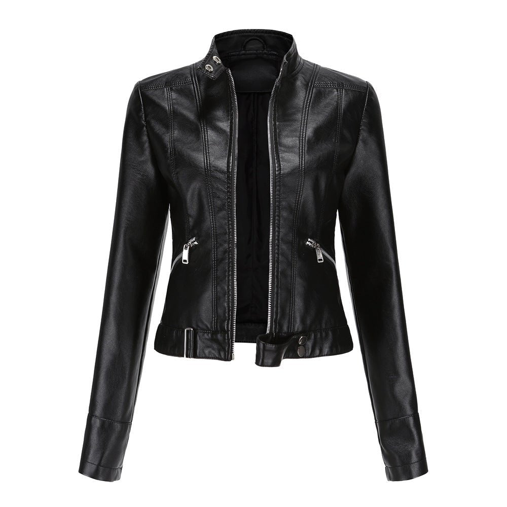 Slim-fit black faux leather jacket for women by Christine Brewer, featuring a sleek and stylish design.