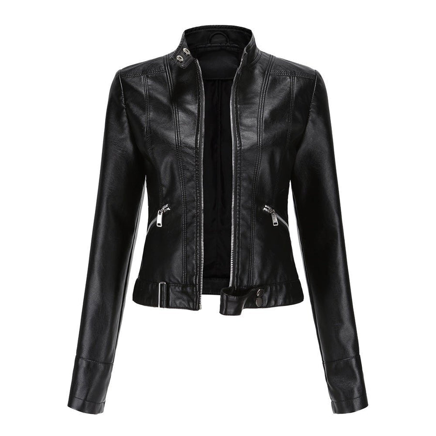 Slim-fit black faux leather jacket for women by Christine Brewer, featuring a sleek and stylish design.