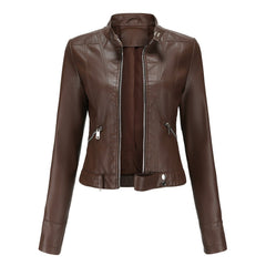 Slim-fit brown faux leather jacket for women by Christine Brewer, featuring a sleek design and modern style.