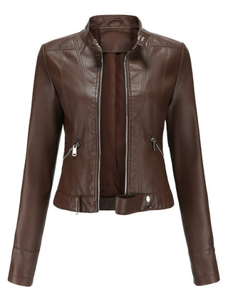 Slim-fit brown faux leather jacket for women by Christine Brewer, featuring a sleek design and modern style.