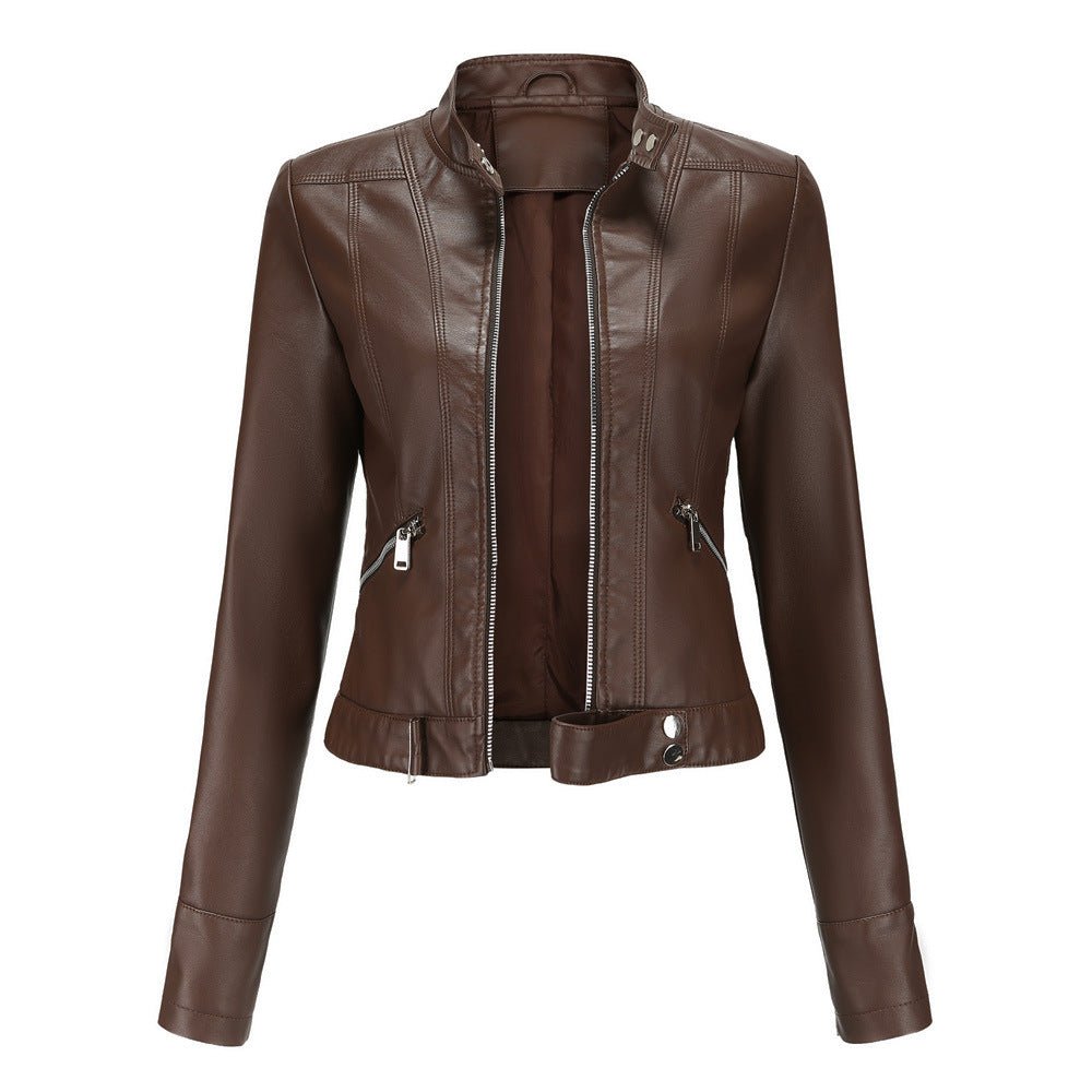 Slim-fit brown faux leather jacket for women by Christine Brewer, featuring a sleek design and modern style.