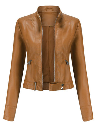 Slim-fit light brown faux leather jacket for women by Christine Brewer, featuring a sleek design and stylish collar.