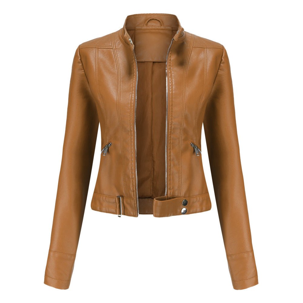 Slim-fit light brown faux leather jacket for women by Christine Brewer, featuring a sleek design and stylish collar.