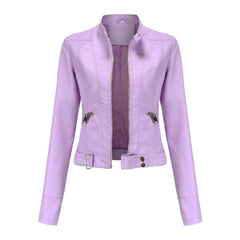 Slim-fit light pink faux leather jacket for women by Christine Brewer, featuring a sleek design and classic collar detail.