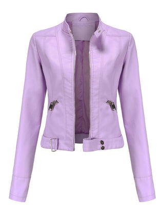 Slim-fit light pink faux leather jacket for women by Christine Brewer, featuring a sleek design and classic collar detail.