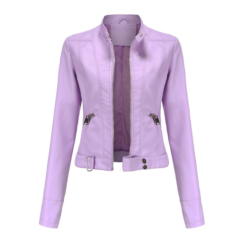 Slim-fit light pink faux leather jacket for women by Christine Brewer, featuring a sleek design and classic collar detail.