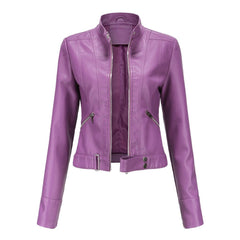 Slim-fit Stella faux leather jacket for women by Christine Brewer, shown in sleek purple, with a modern design and tailored silhouette.