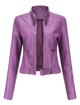 Slim-fit Stella faux leather jacket for women by Christine Brewer, shown in sleek purple, with a modern design and tailored silhouette.