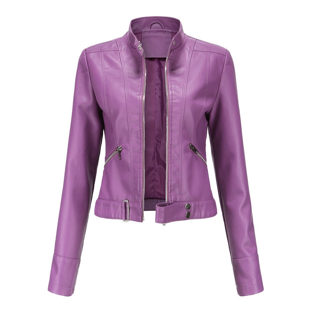 Slim-fit Stella faux leather jacket for women by Christine Brewer, shown in sleek purple, with a modern design and tailored silhouette.