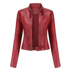 Slim-fit red faux leather jacket for women by Christine Brewer, featuring sleek design and stylish details.