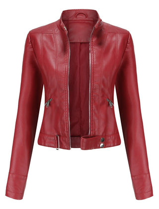 Slim-fit red faux leather jacket for women by Christine Brewer, featuring sleek design and stylish details.