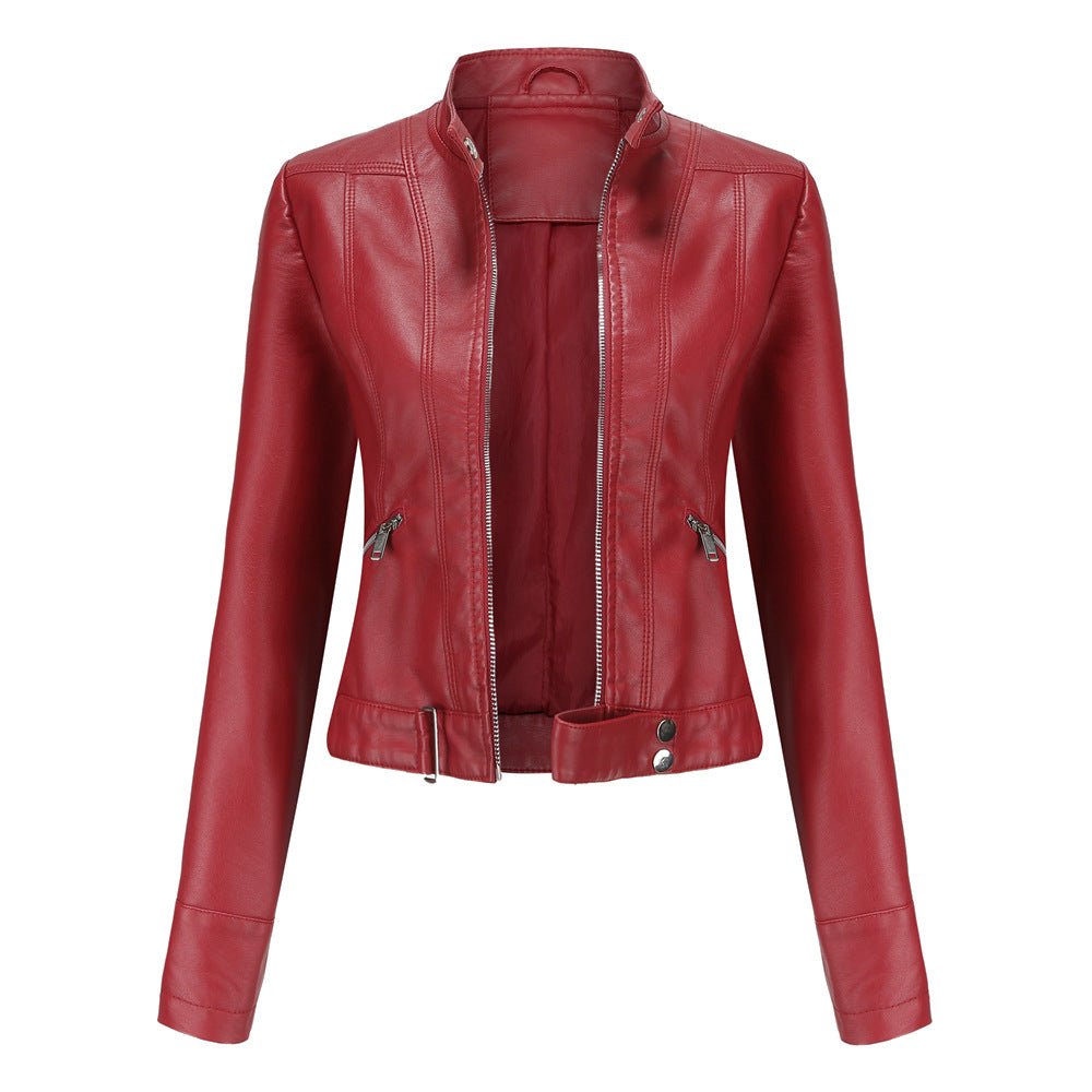 Slim-fit red faux leather jacket for women by Christine Brewer, featuring sleek design and stylish details.