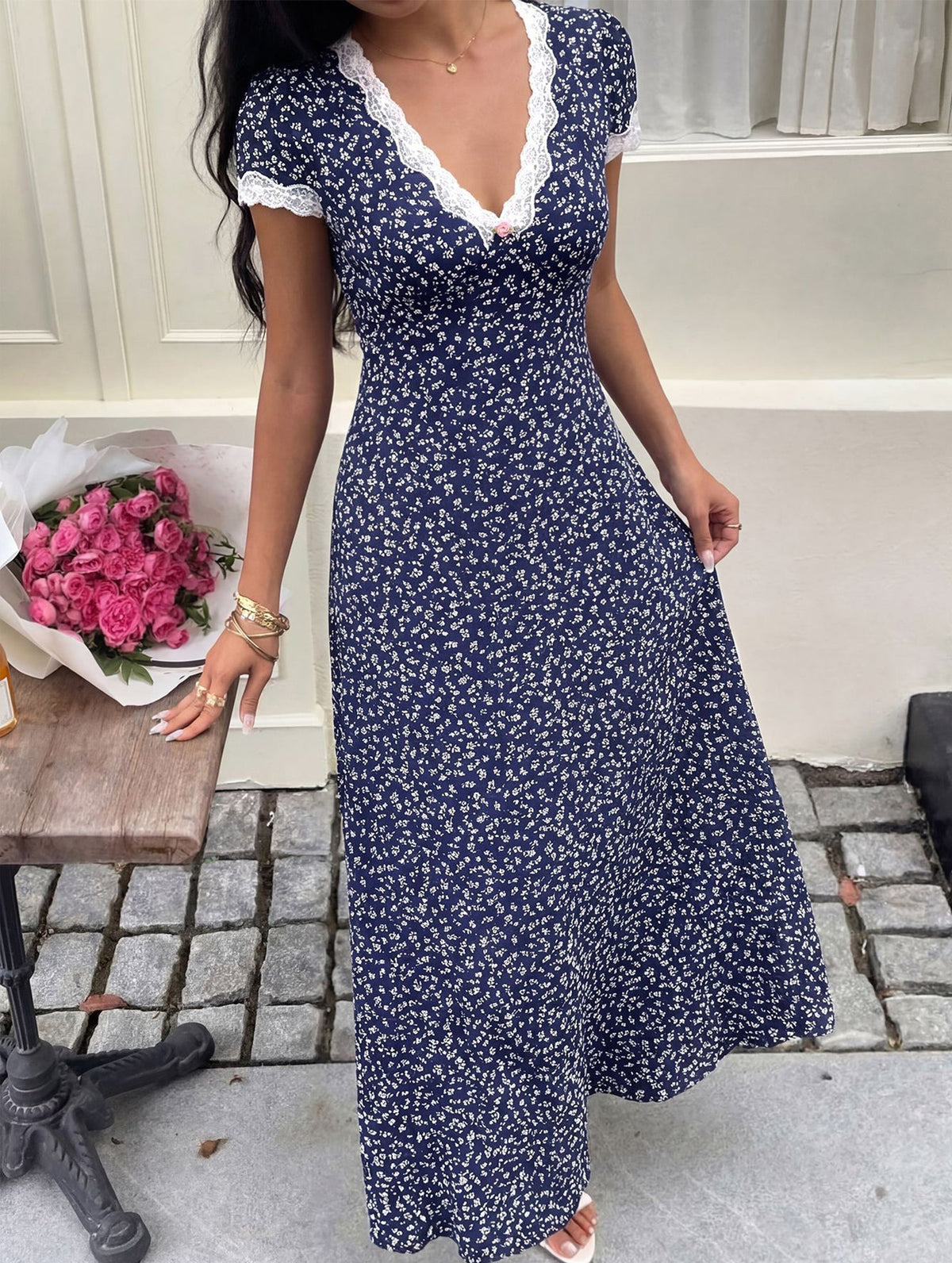 White lace patch floral V neck maxi dress by Christine Brewer, featuring intricate lace details and a flowing maxi design.
