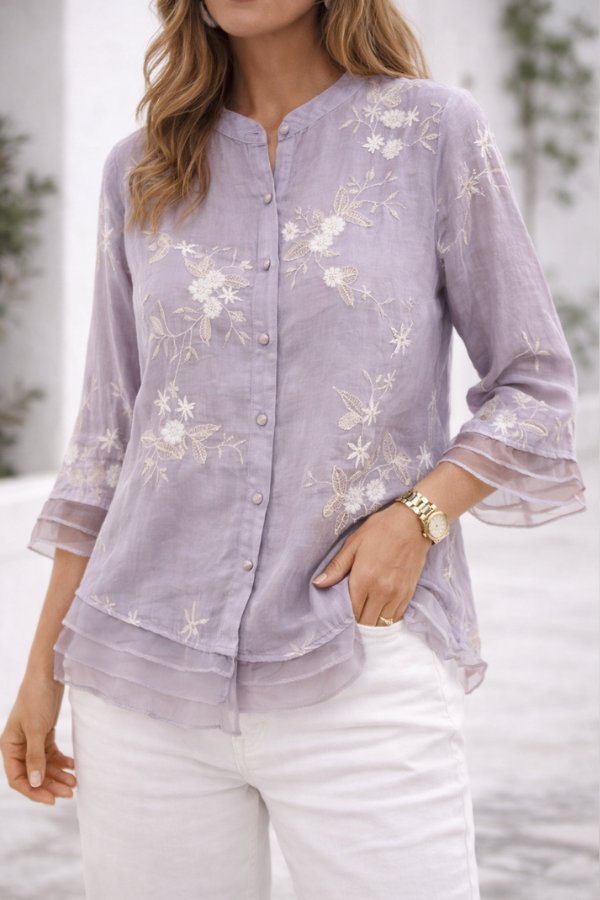 Floral green blouse for women from Christine Brewer's Zoe collection, featuring lightweight fabric and a feminine floral print.