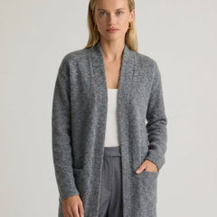 Women’s Jacqueline Merino Wool Cardigan by Christine Brewer, featuring a cozy, beige knit design perfect for casual wear.