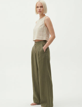 Women’s knit wide-leg elastic-waist trousers by Christine Brewer featuring loose, pull-on design and comfortable fit.