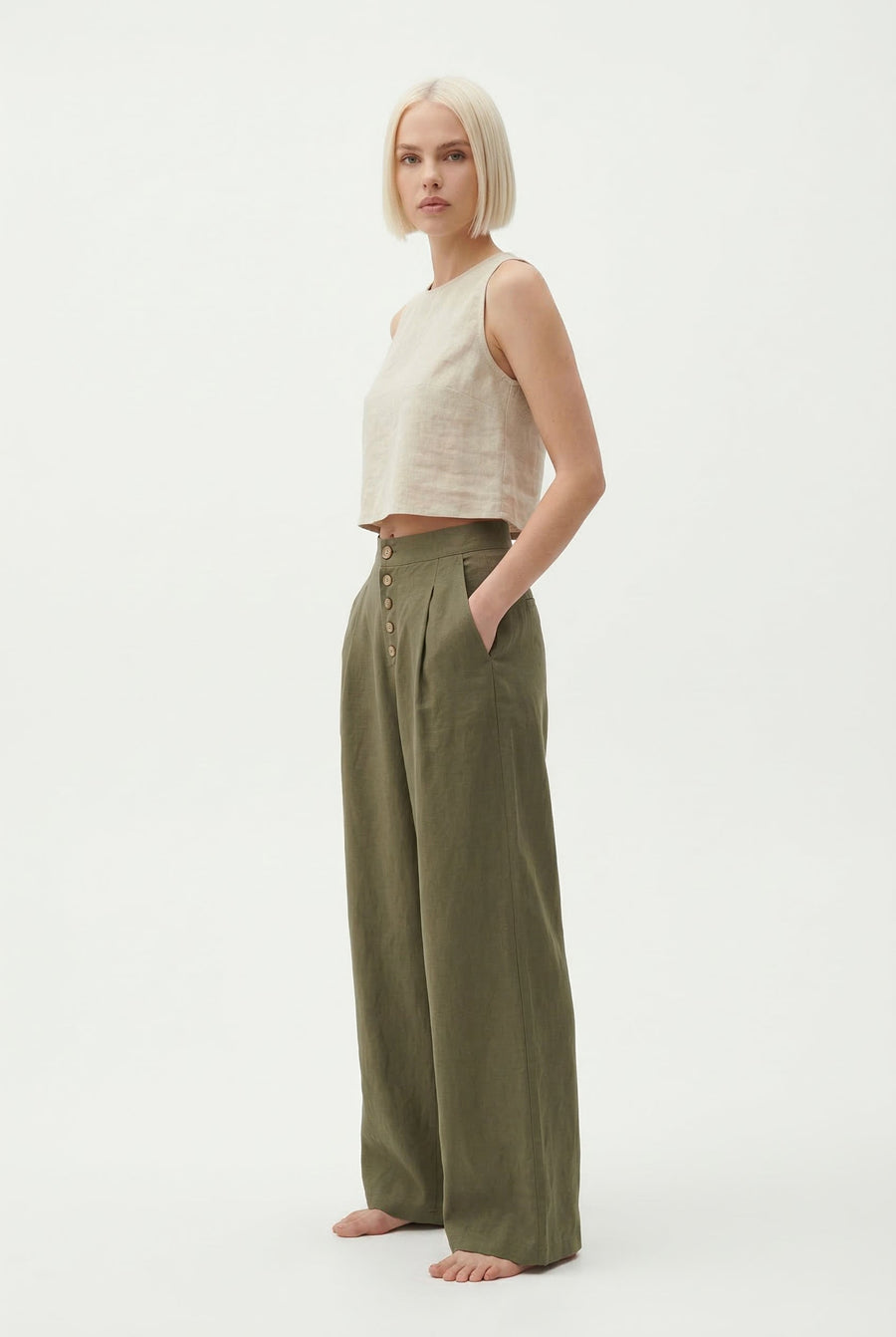 Women’s knit wide-leg elastic-waist trousers by Christine Brewer featuring loose, pull-on design and comfortable fit.