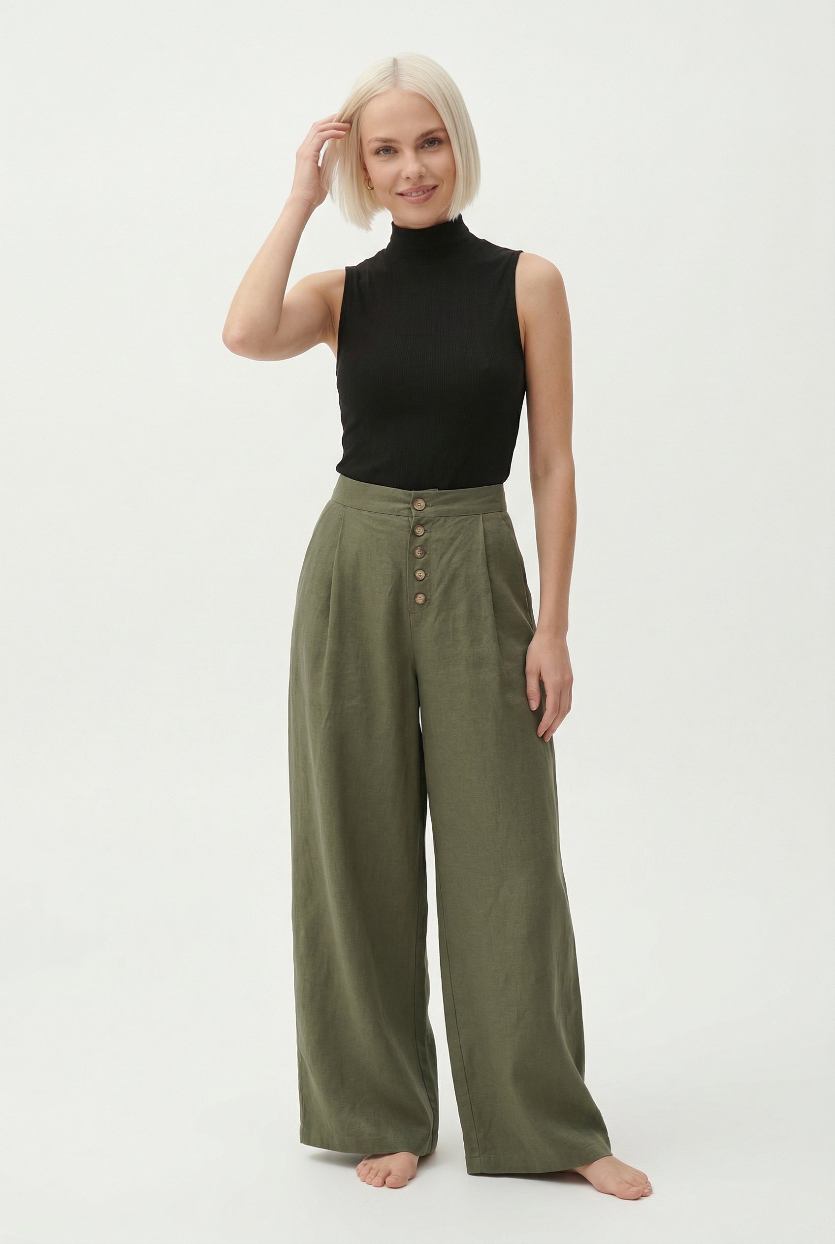 Women’s knit wide-leg elastic-waist trousers by Christine Brewer, featuring loose, comfortable pull-on style and relaxed fit.