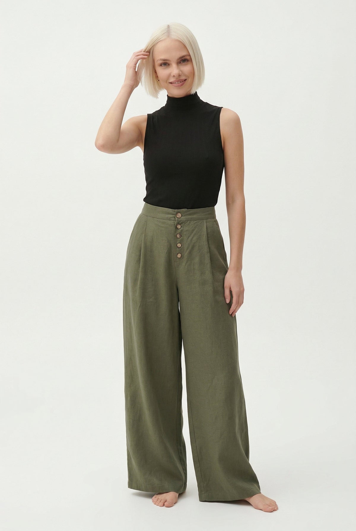 Women’s knit wide-leg elastic-waist trousers by Christine Brewer, featuring loose, comfortable pull-on style and relaxed fit.
