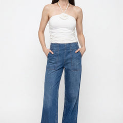 Blue denim wide-leg jeans for women by Christine Brewer, featuring a relaxed fit and casual style.