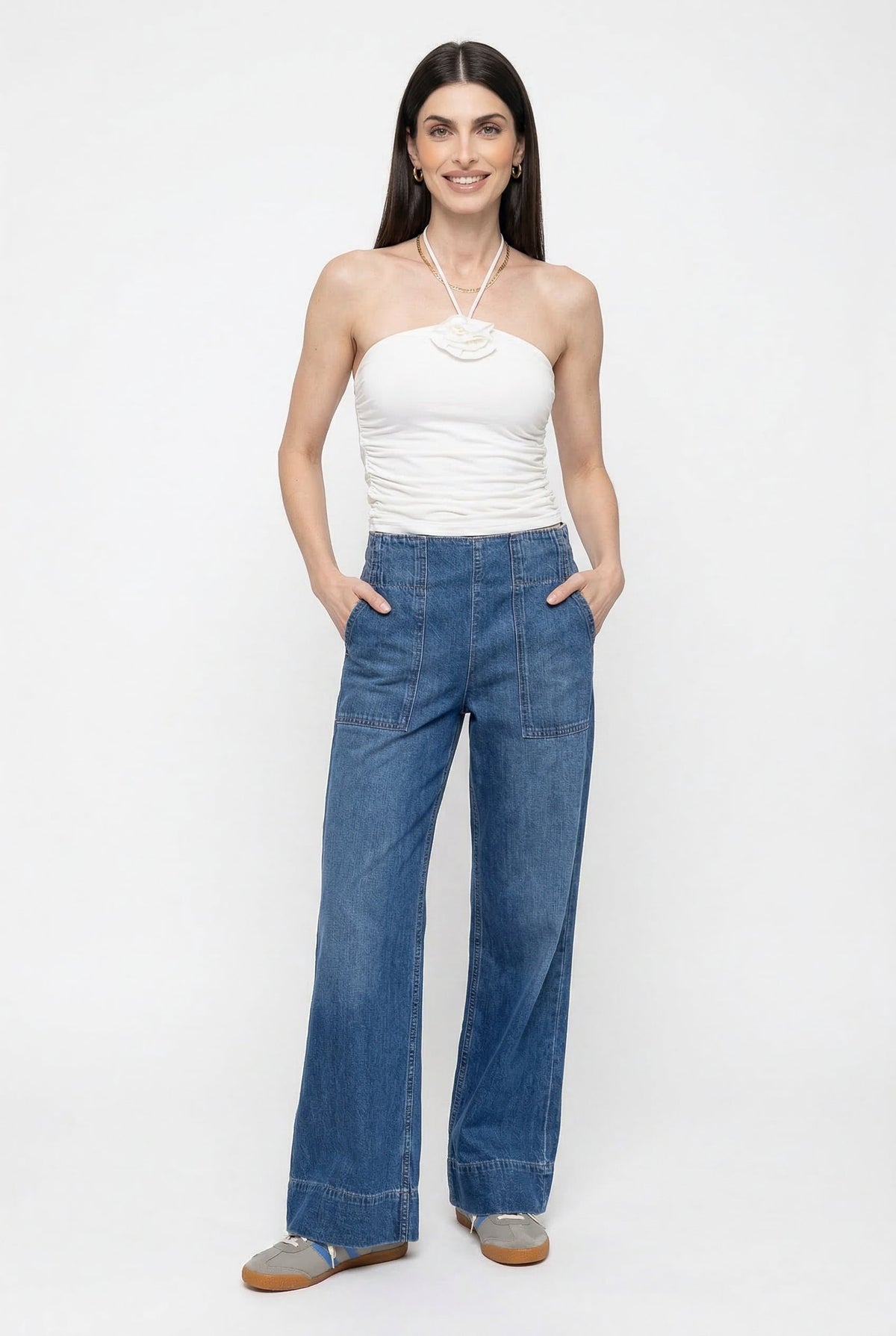 Blue denim wide-leg jeans for women by Christine Brewer, featuring a relaxed fit and casual style.