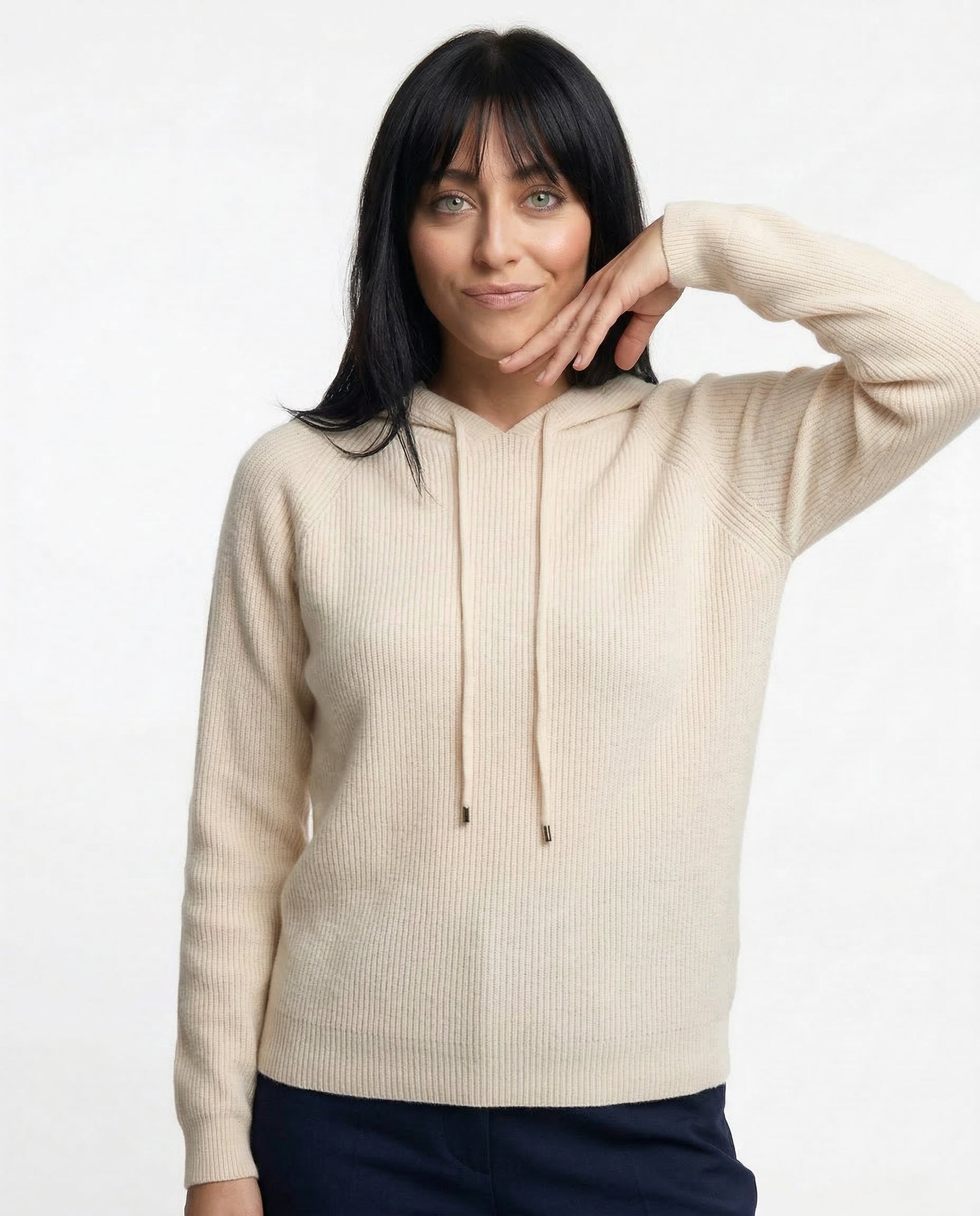Cream-colored Claudia cashmere hoodie for women by Christine Brewer, shown in a cozy, relaxed fit.