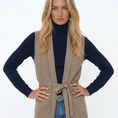 Christine Brewer Courtney women's cashmere wool knit sweater vest, soft beige sleeveless top with ribbed trim and stylish fit.