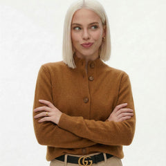 Cream-colored Christina cashmere high neck cardigan for women, featuring a cozy, soft knit fabric and a stylish high neckline.