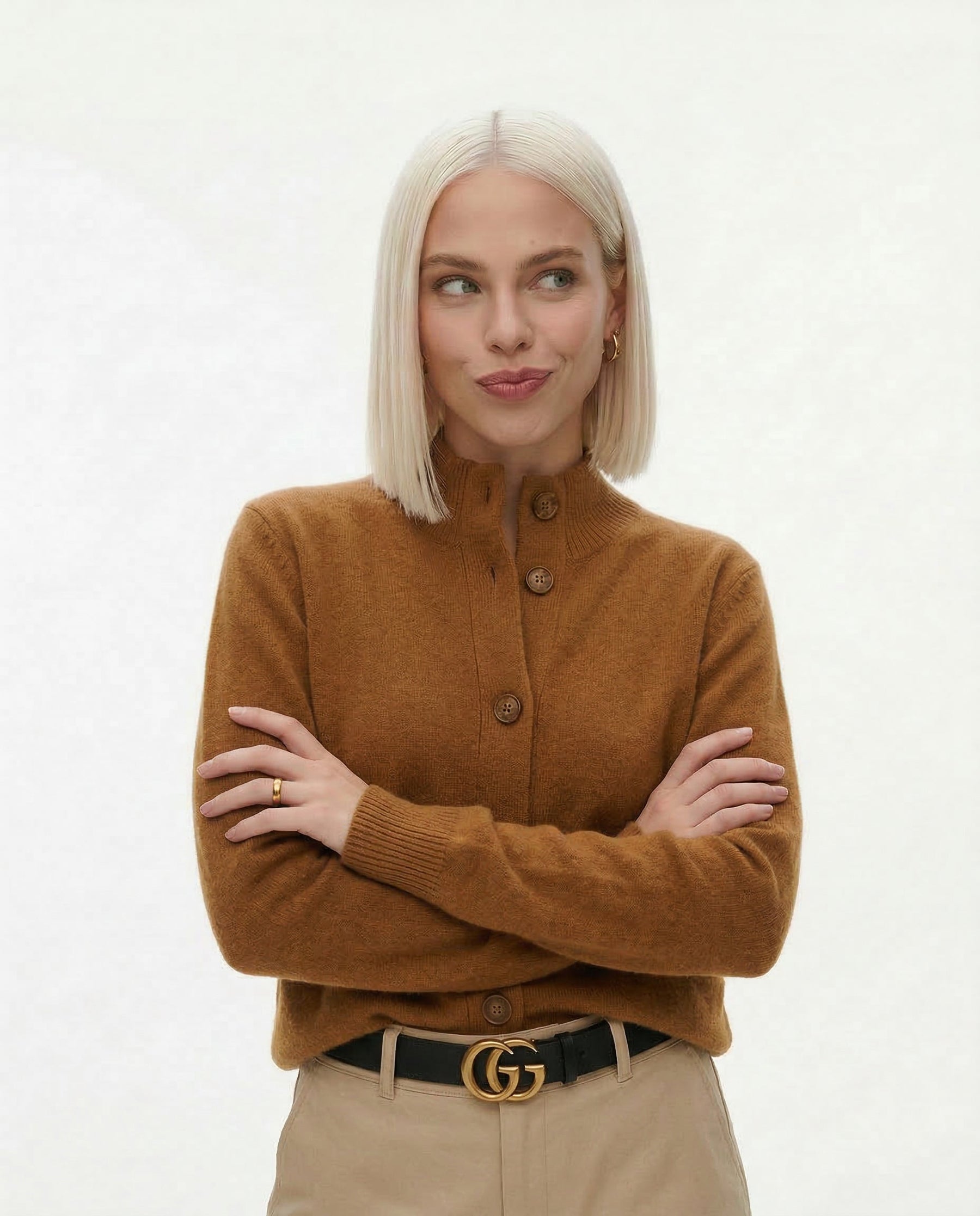 Cream-colored Christina cashmere high neck cardigan for women, featuring a cozy, soft knit fabric and a stylish high neckline.