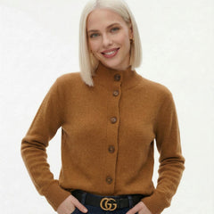 Christina cashmere high neck cardigan for women, soft beige color, featuring long sleeves and a cozy fit.