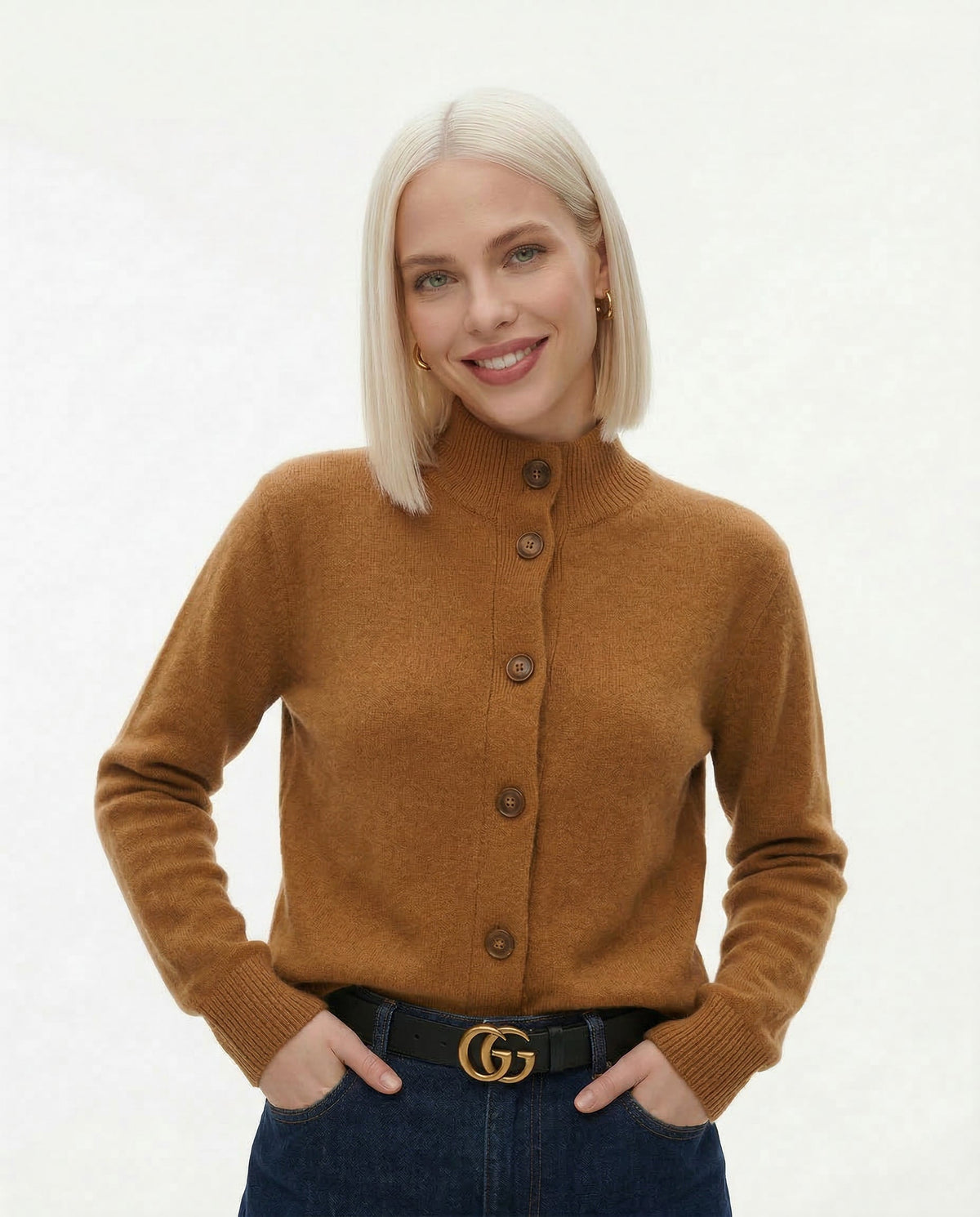 Christina cashmere high neck cardigan for women, soft beige color, featuring long sleeves and a cozy fit.