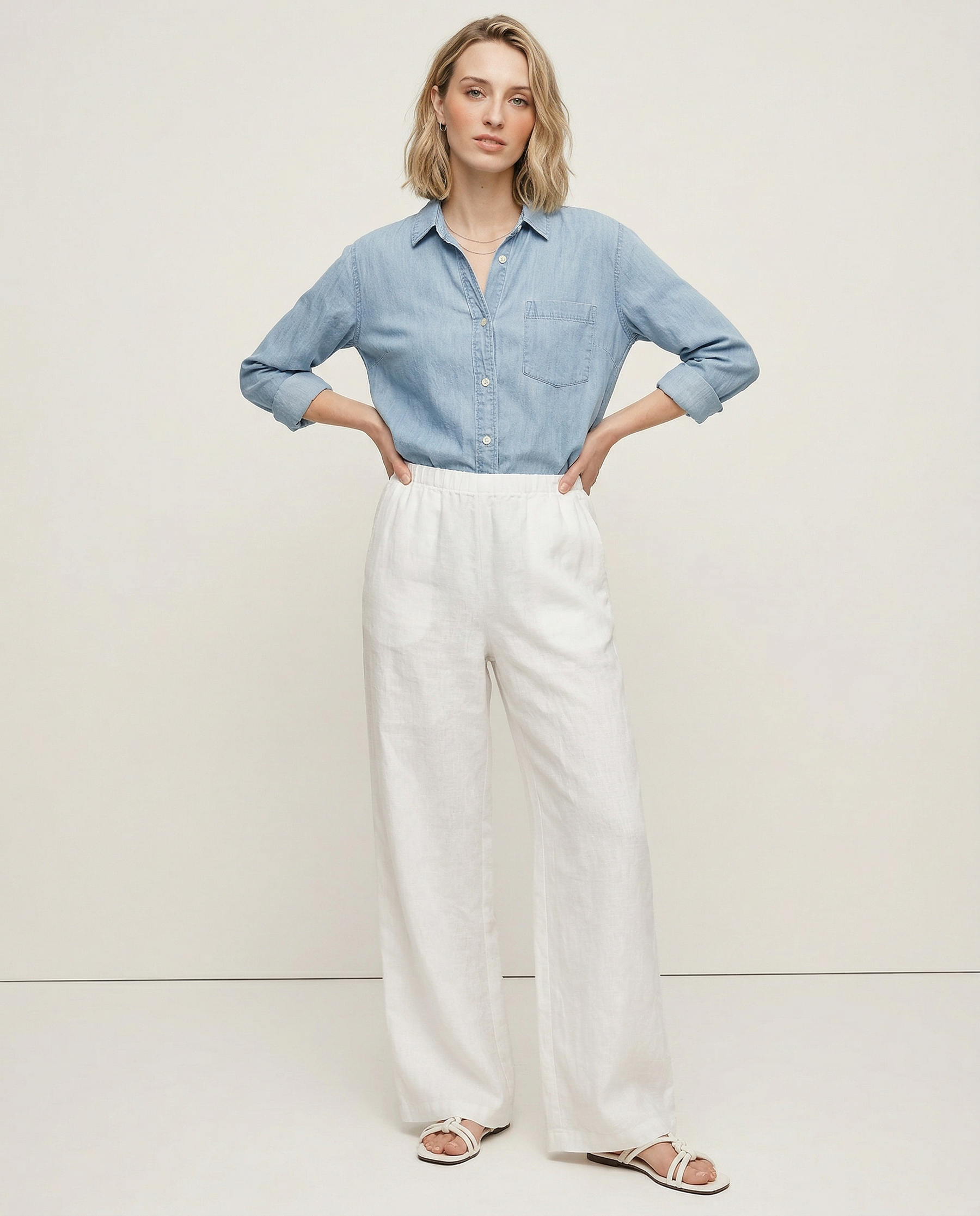 Women’s knit wide-leg drawstring trousers by Christine Brewer, loose pull-on pants showcasing soft fabric and relaxed fit.